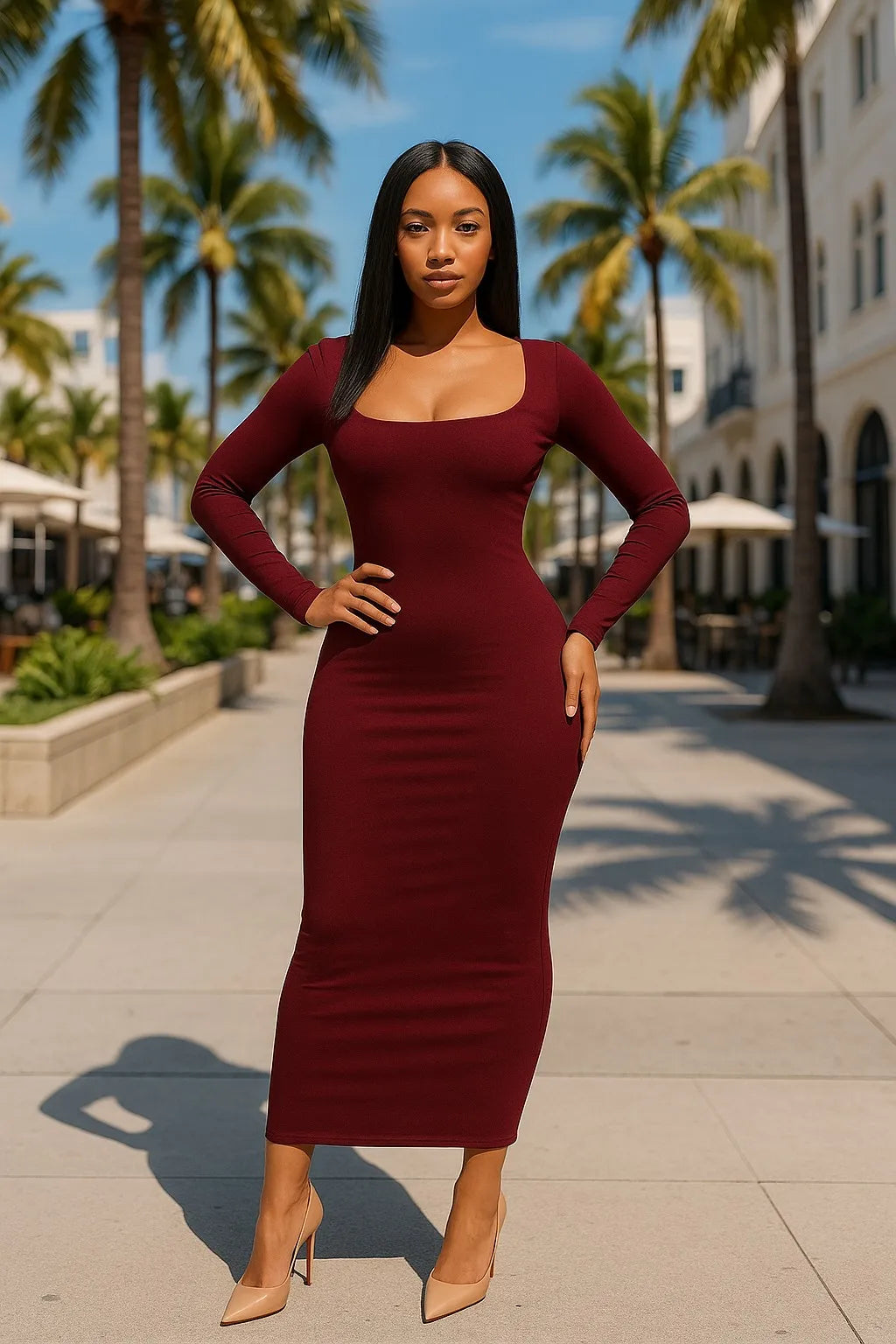 Chic Basic Minimalist Scoop Neck Long Dress - Ankle-Length Knit