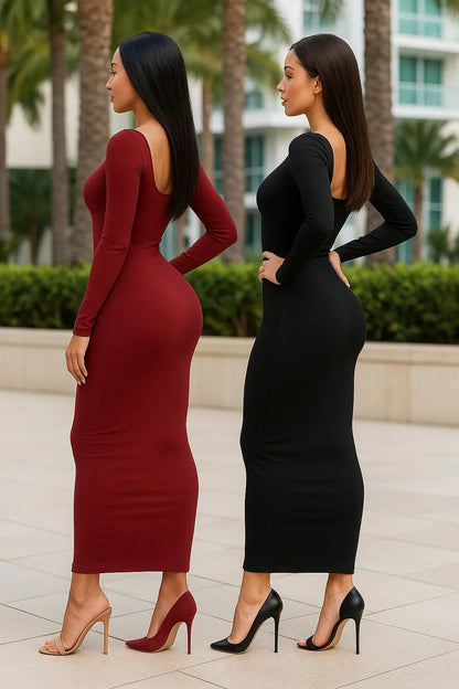 Chic Basic Minimalist Scoop Neck Long Dress - Ankle-Length Knit