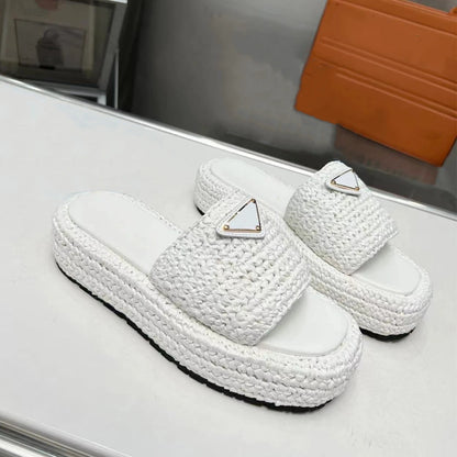2025 New Top Women's Thick Bottom Slipper Sandals Flat Platform Rattan Square Head Casual Comfortable Shoes Solid Color