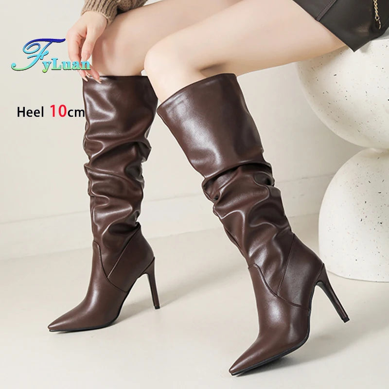2025 Winter Knee Boots With Heels Woman 10CM Stiletto Fashion Slip on Pointy Autumn Shoes Women Soft Leather Pleated Long Boots