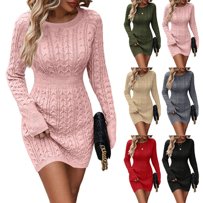 Female Trendy Sexy Knitted Sweater Dress Fashion Casual Solid Color Round Neck Slim Dress Lady Beautiful Daily Outdoor Clothes