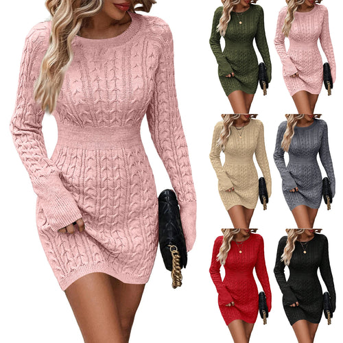 Female Trendy Sexy Knitted Sweater Dress Fashion Casual Solid Color Round Neck Slim Dress Lady Beautiful Daily Outdoor Clothes