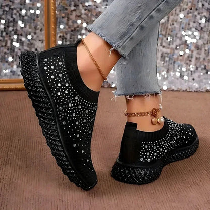 Shiny Crystal Black Sneakers Women Breathable Knitted Non Slip Casual Walking Shoes Woman Soft Sole Slip On Flat Heel Shoes Lady
