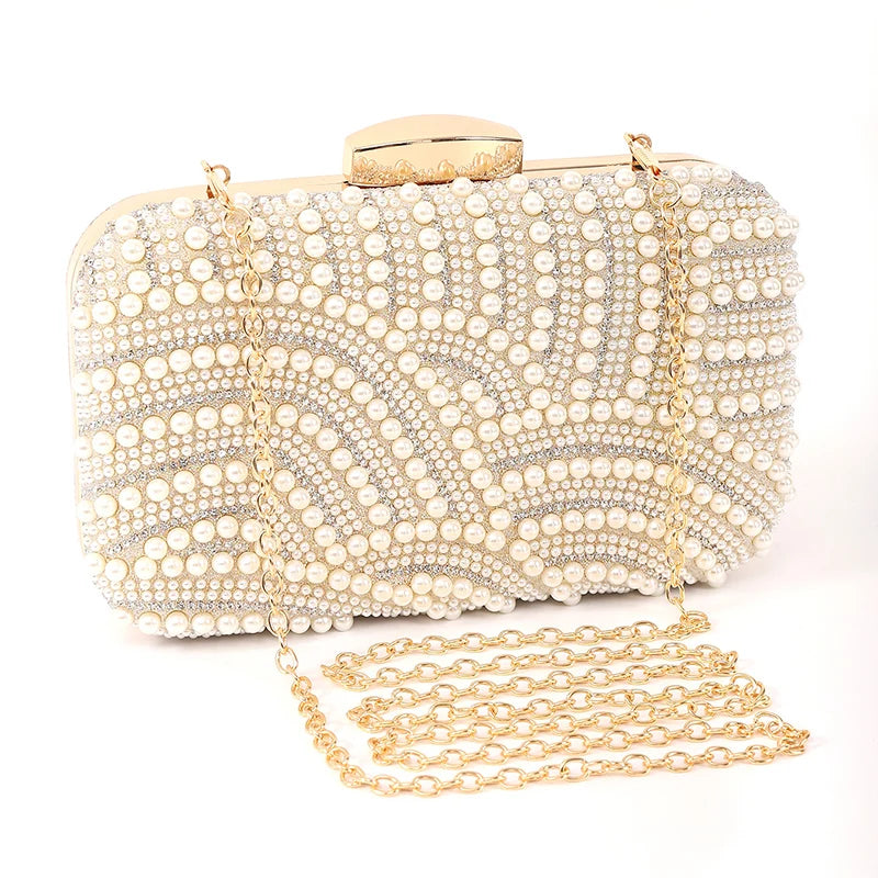 Ladies Pearl Elegant Evening Bag Fashionable Stylish Beading Wedding Dinner Party Banquet  Dress Clutch Bag with Long Chain
