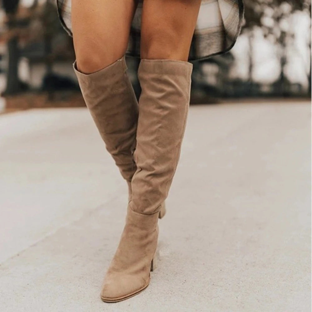 Women Retro High Heels Boots Western Cowboy Chunky Shoes Winter New Warm Plush Suede Knee High Sexy Elegant Long Boots 2025