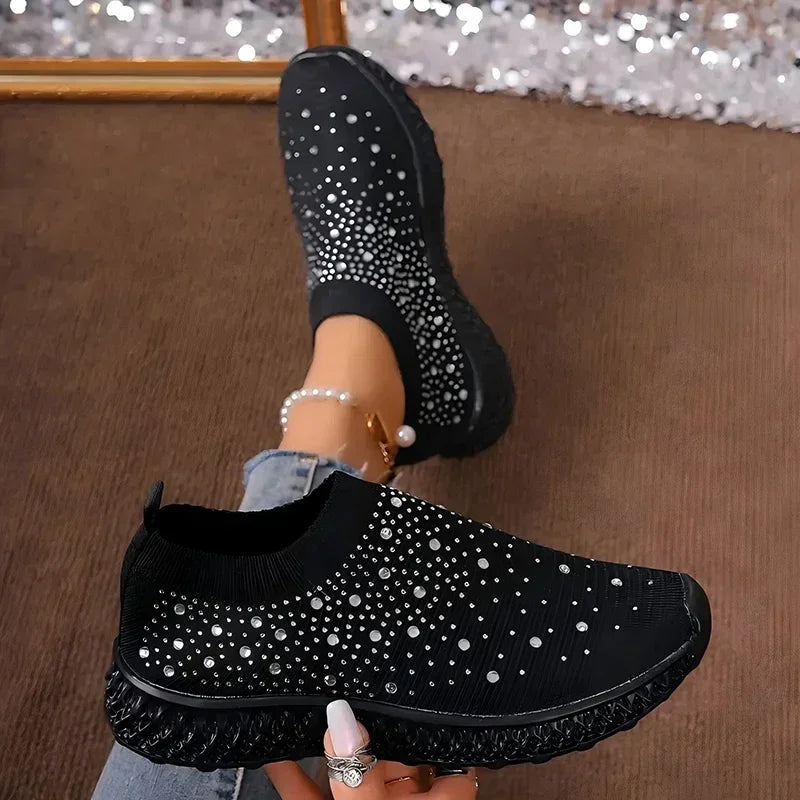 Shiny Crystal Black Sneakers Women Breathable Knitted Non Slip Casual Walking Shoes Woman Soft Sole Slip On Flat Heel Shoes Lady