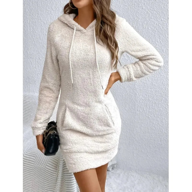 Women Warm Solid Hooded Dress Kangaroo Bag Sweatshirt Long Sleeve Versatile Mini Dress Vestidos De Fiesta Elegant New Winter