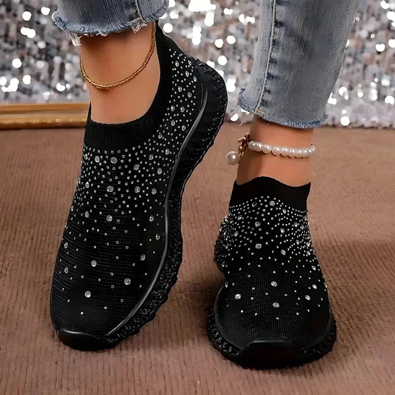 Shiny Crystal Black Sneakers Women Breathable Knitted Non Slip Casual Walking Shoes Woman Soft Sole Slip On Flat Heel Shoes Lady