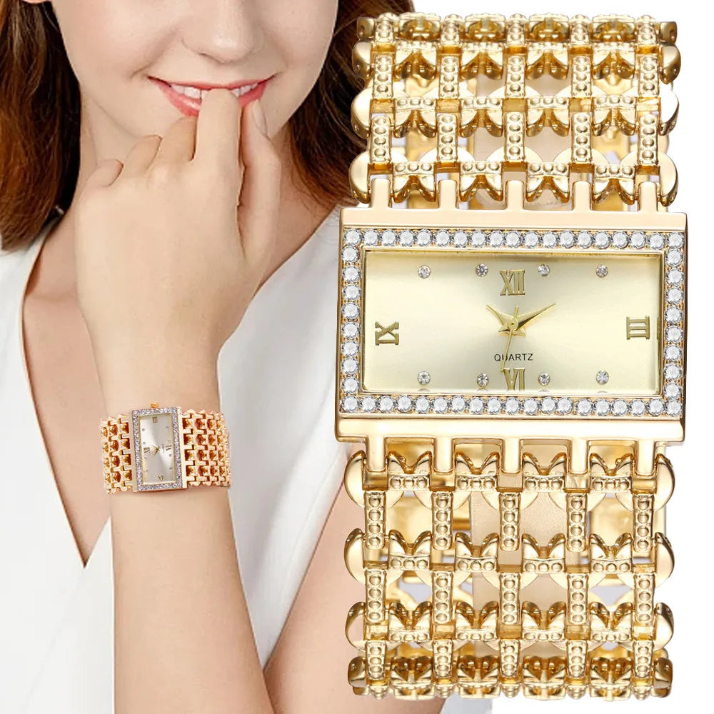 Luxury Noble Gold Ladies Quartz Watch Fashion Women's Skeleton Bracelet full Dress Clock Watches