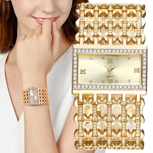 Luxury Noble Gold Ladies Quartz Watch Fashion Women's Skeleton Bracelet full Dress Clock Watches