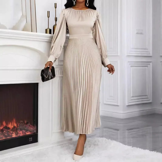 Women Lantern Sleeve Waist Cinched Big Swing Pleated Maxi Long Dress 2025 Autumn Elegant Vacation Party Evening Silk Dresses