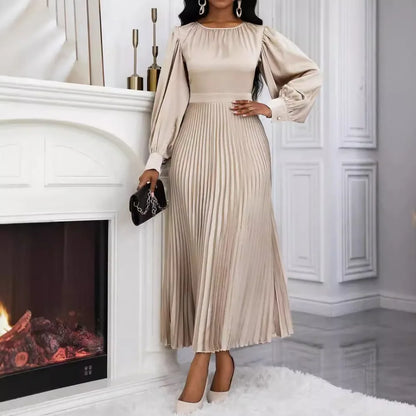 Women Lantern Sleeve Waist Cinched Big Swing Pleated Maxi Long Dress 2025 Autumn Elegant Vacation Party Evening Silk Dresses