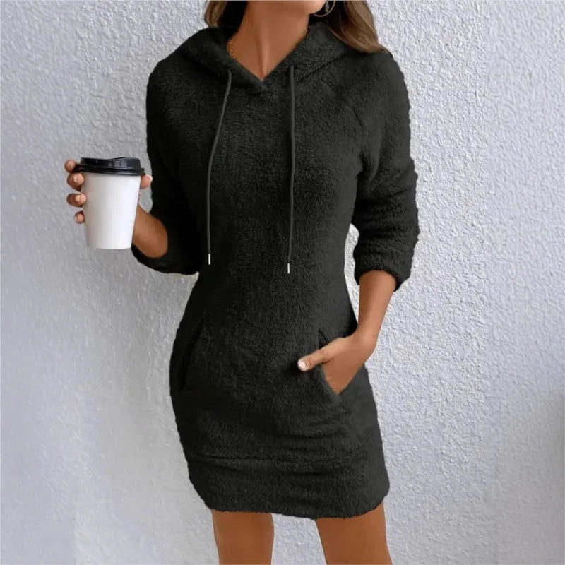 Women Warm Solid Hooded Dress Kangaroo Bag Sweatshirt Long Sleeve Versatile Mini Dress Vestidos De Fiesta Elegant New Winter
