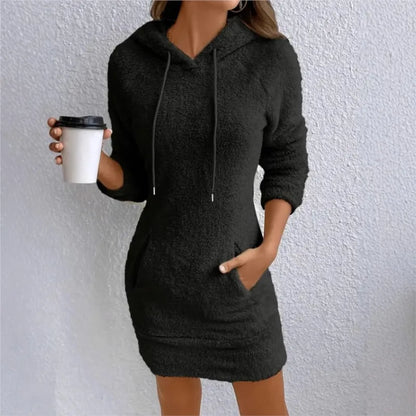 Women Warm Solid Hooded Dress Kangaroo Bag Sweatshirt Long Sleeve Versatile Mini Dress Vestidos De Fiesta Elegant New Winter