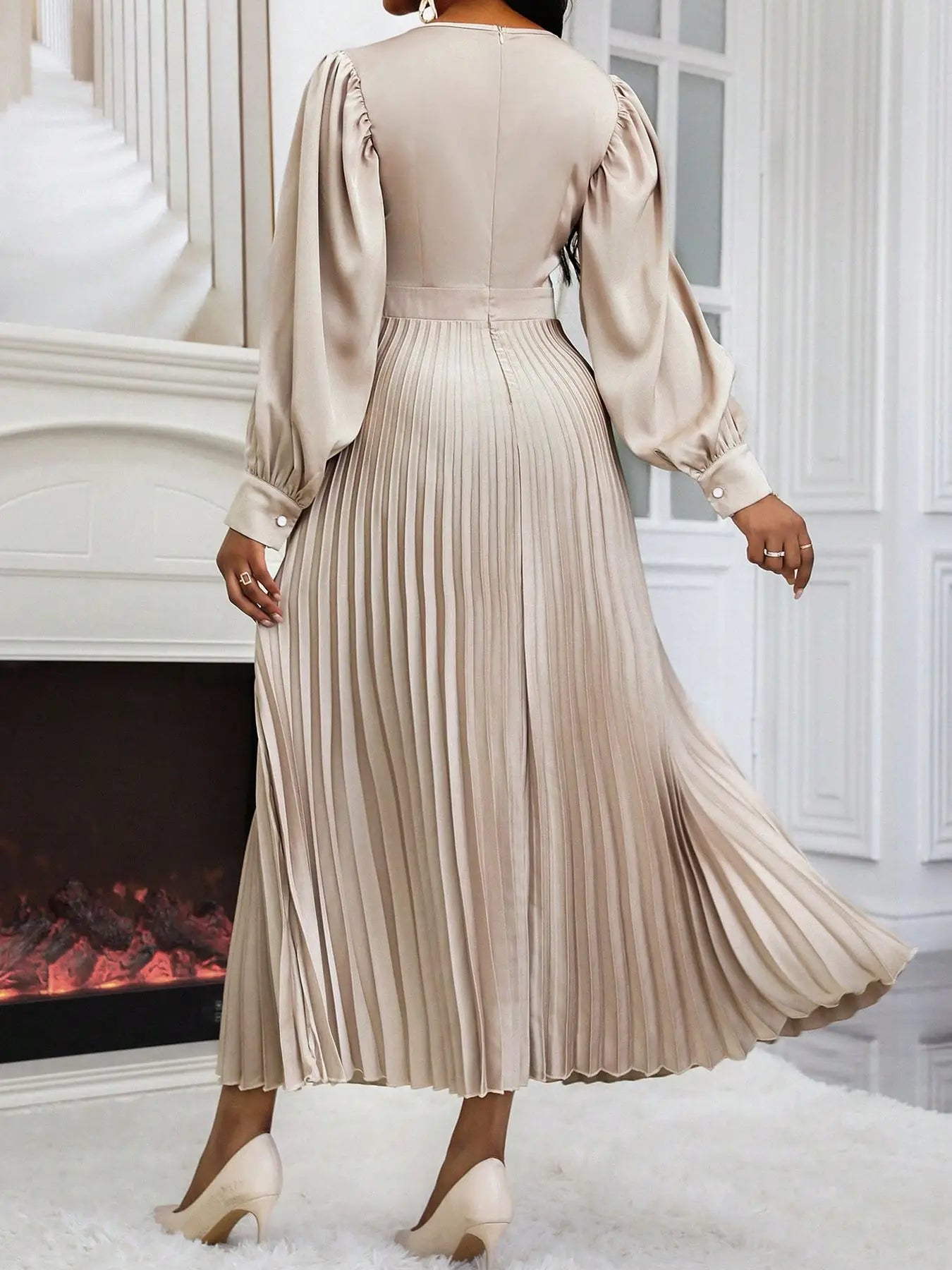 Women Lantern Sleeve Waist Cinched Big Swing Pleated Maxi Long Dress 2025 Autumn Elegant Vacation Party Evening Silk Dresses