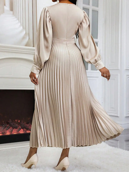Women Lantern Sleeve Waist Cinched Big Swing Pleated Maxi Long Dress 2025 Autumn Elegant Vacation Party Evening Silk Dresses