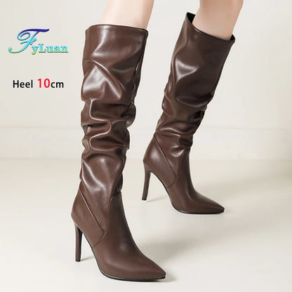 2025 Winter Knee Boots With Heels Woman 10CM Stiletto Fashion Slip on Pointy Autumn Shoes Women Soft Leather Pleated Long Boots