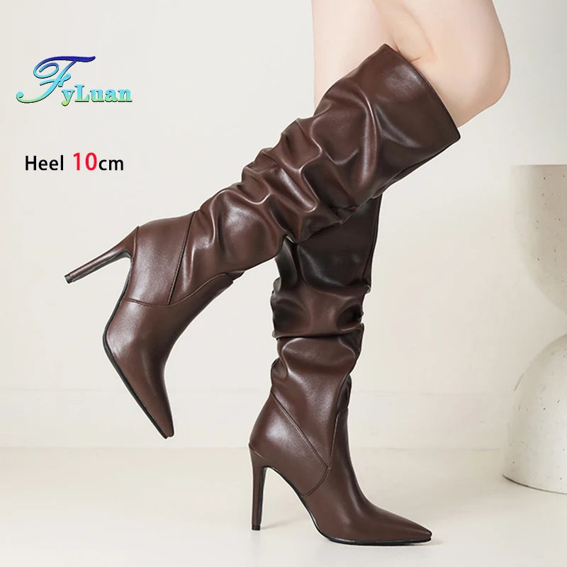 2025 Winter Knee Boots With Heels Woman 10CM Stiletto Fashion Slip on Pointy Autumn Shoes Women Soft Leather Pleated Long Boots