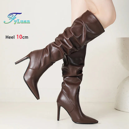 2025 Winter Knee Boots With Heels Woman 10CM Stiletto Fashion Slip on Pointy Autumn Shoes Women Soft Leather Pleated Long Boots