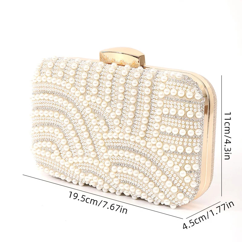 Ladies Pearl Elegant Evening Bag Fashionable Stylish Beading Wedding Dinner Party Banquet  Dress Clutch Bag with Long Chain