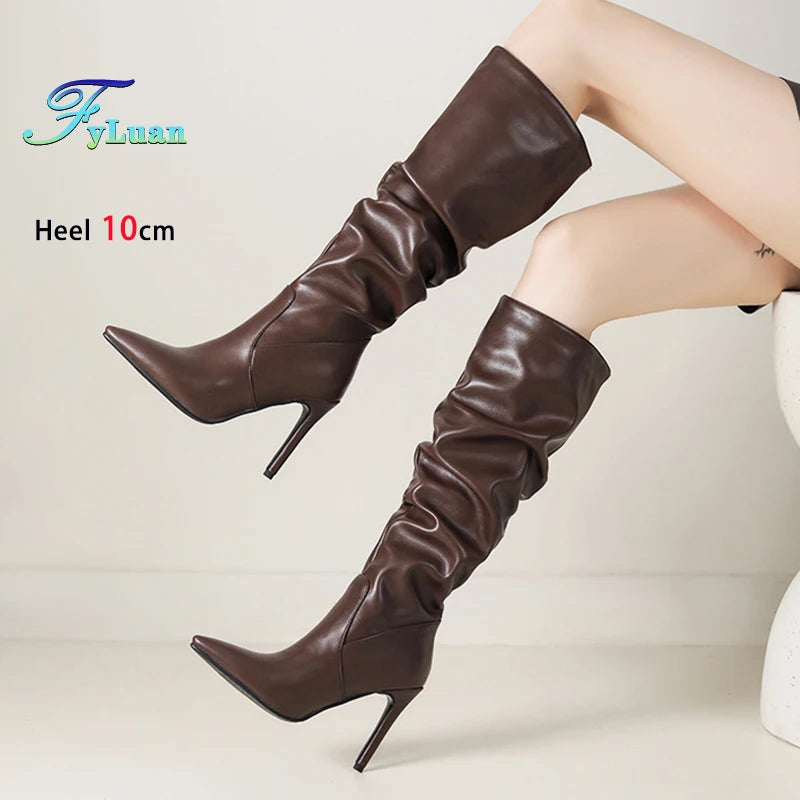 2025 Winter Knee Boots With Heels Woman 10CM Stiletto Fashion Slip on Pointy Autumn Shoes Women Soft Leather Pleated Long Boots