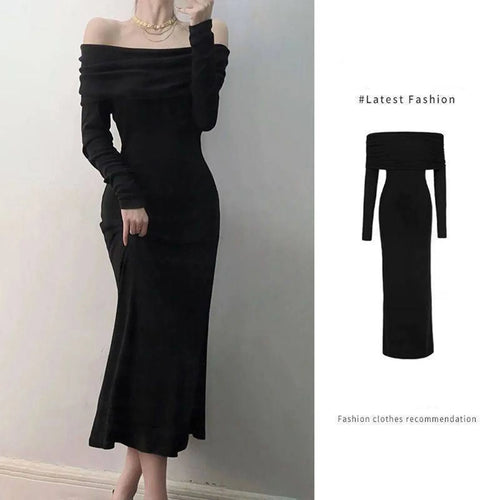 Elegant Off Shoulder Maxi Dress Bodycon Sweater Dress Solid Color Long Sleeve Knitted Party Dresses