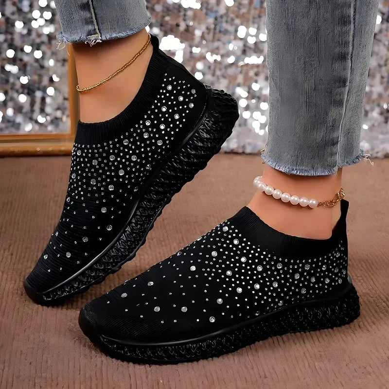 Shiny Crystal Black Sneakers Women Breathable Knitted Non Slip Casual Walking Shoes Woman Soft Sole Slip On Flat Heel Shoes Lady