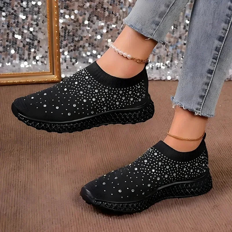 Shiny Crystal Black Sneakers Women Breathable Knitted Non Slip Casual Walking Shoes Woman Soft Sole Slip On Flat Heel Shoes Lady