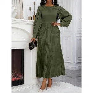 Elegant Lantern Sleeve Pleated Maxi Dress