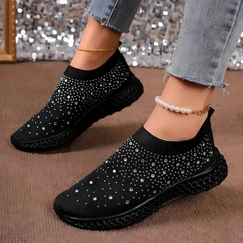 Shiny Crystal Black Sneakers Women Breathable Knitted Non Slip Casual Walking Shoes Woman Soft Sole Slip On Flat Heel Shoes Lady