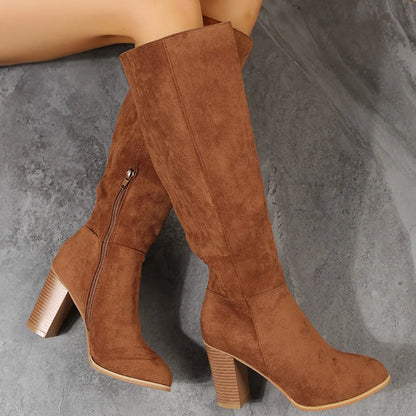 Women Retro High Heels Boots Western Cowboy Chunky Shoes Winter New Warm Plush Suede Knee High Sexy Elegant Long Boots 2025