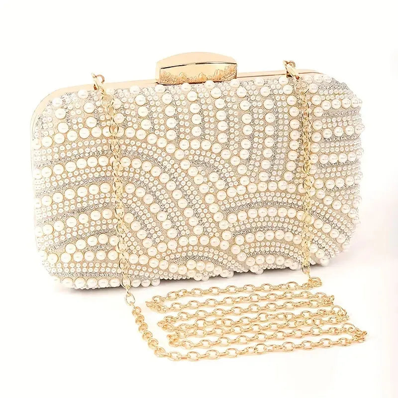 Elegant Pearl Beaded Evening Clutch with Chain
