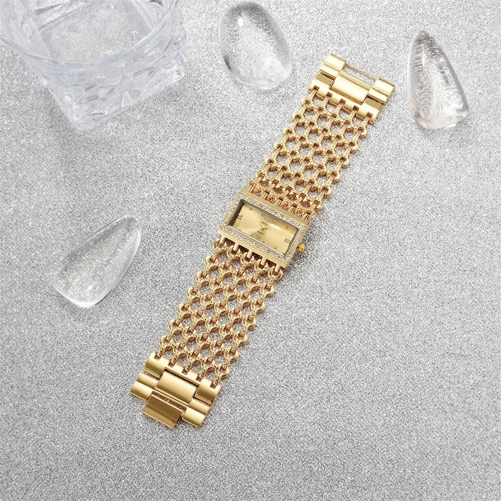 Luxury Noble Gold Ladies Quartz Watch Fashion Women's Skeleton Bracelet full Dress Clock Watches
