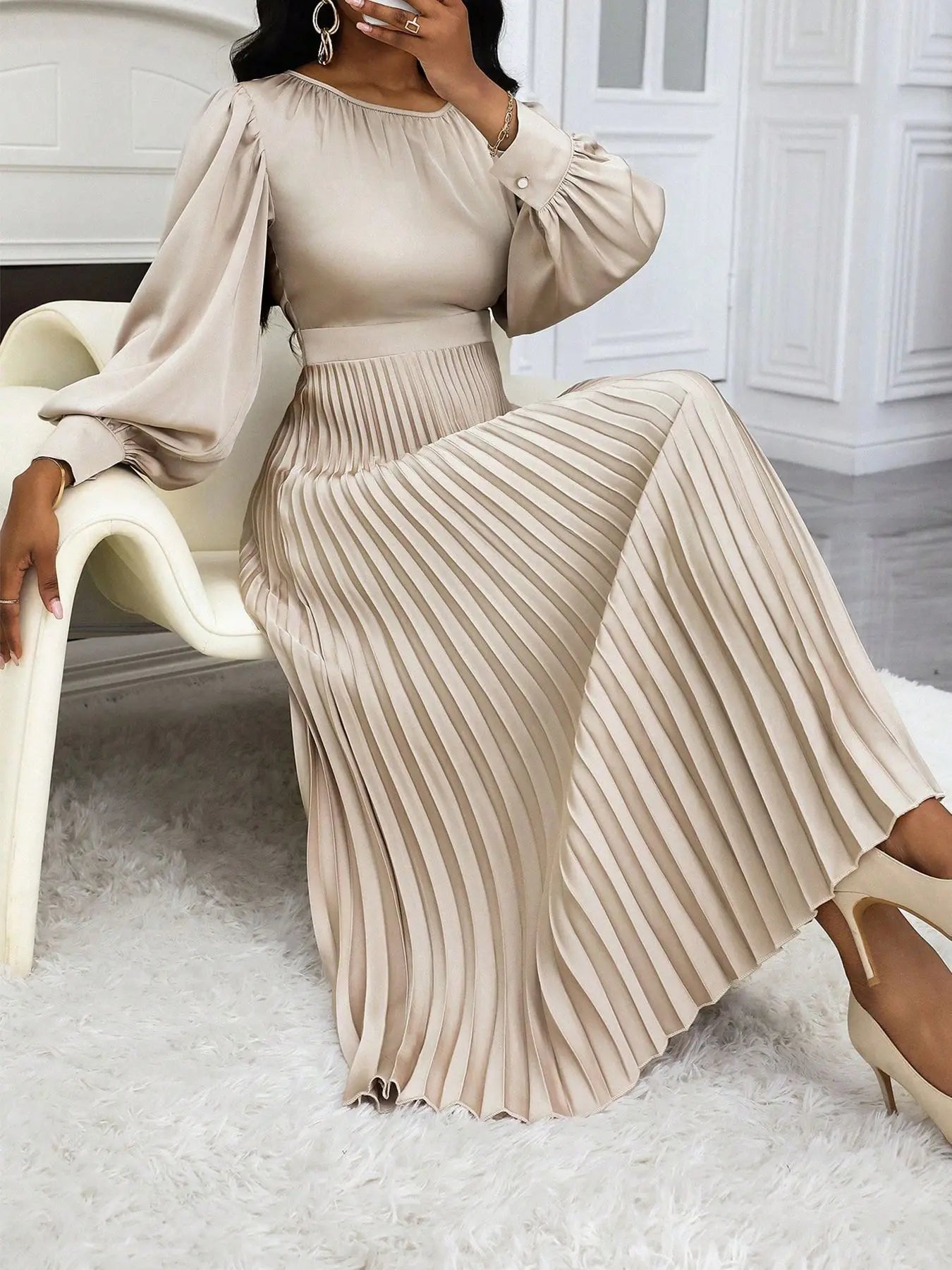 Women Lantern Sleeve Waist Cinched Big Swing Pleated Maxi Long Dress 2025 Autumn Elegant Vacation Party Evening Silk Dresses