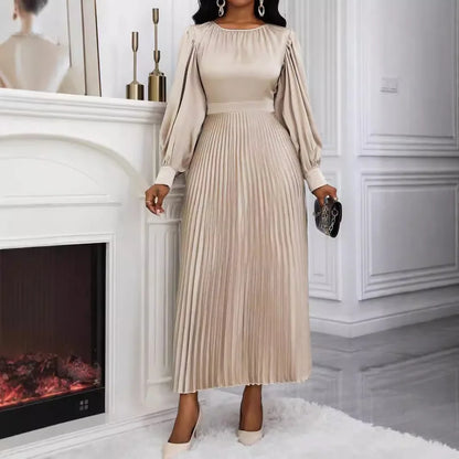 Women Lantern Sleeve Waist Cinched Big Swing Pleated Maxi Long Dress 2025 Autumn Elegant Vacation Party Evening Silk Dresses