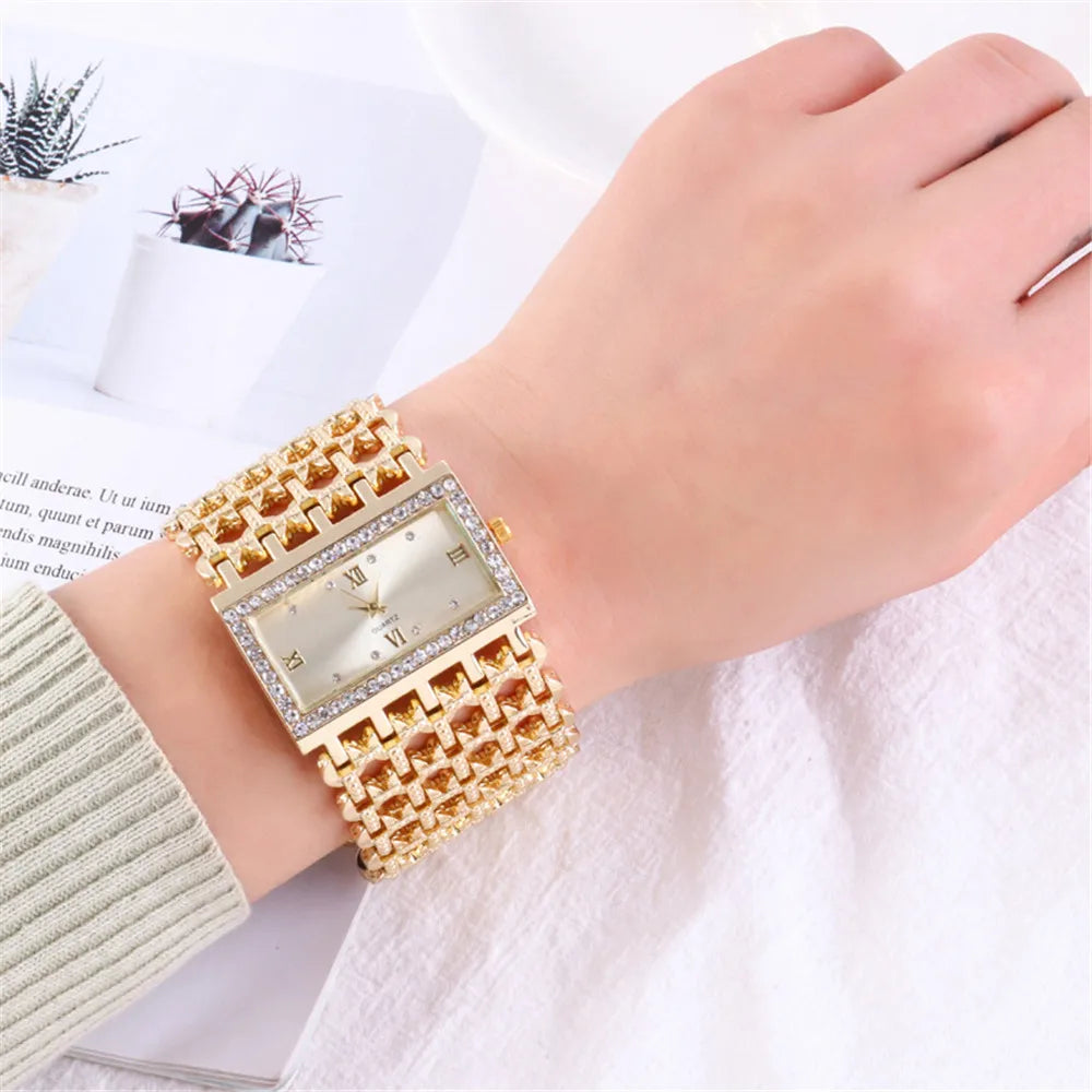 Luxury Noble Gold Ladies Quartz Watch Fashion Women's Skeleton Bracelet full Dress Clock Watches