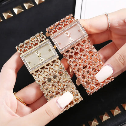 Luxury Noble Gold Ladies Quartz Watch Fashion Women's Skeleton Bracelet full Dress Clock Watches