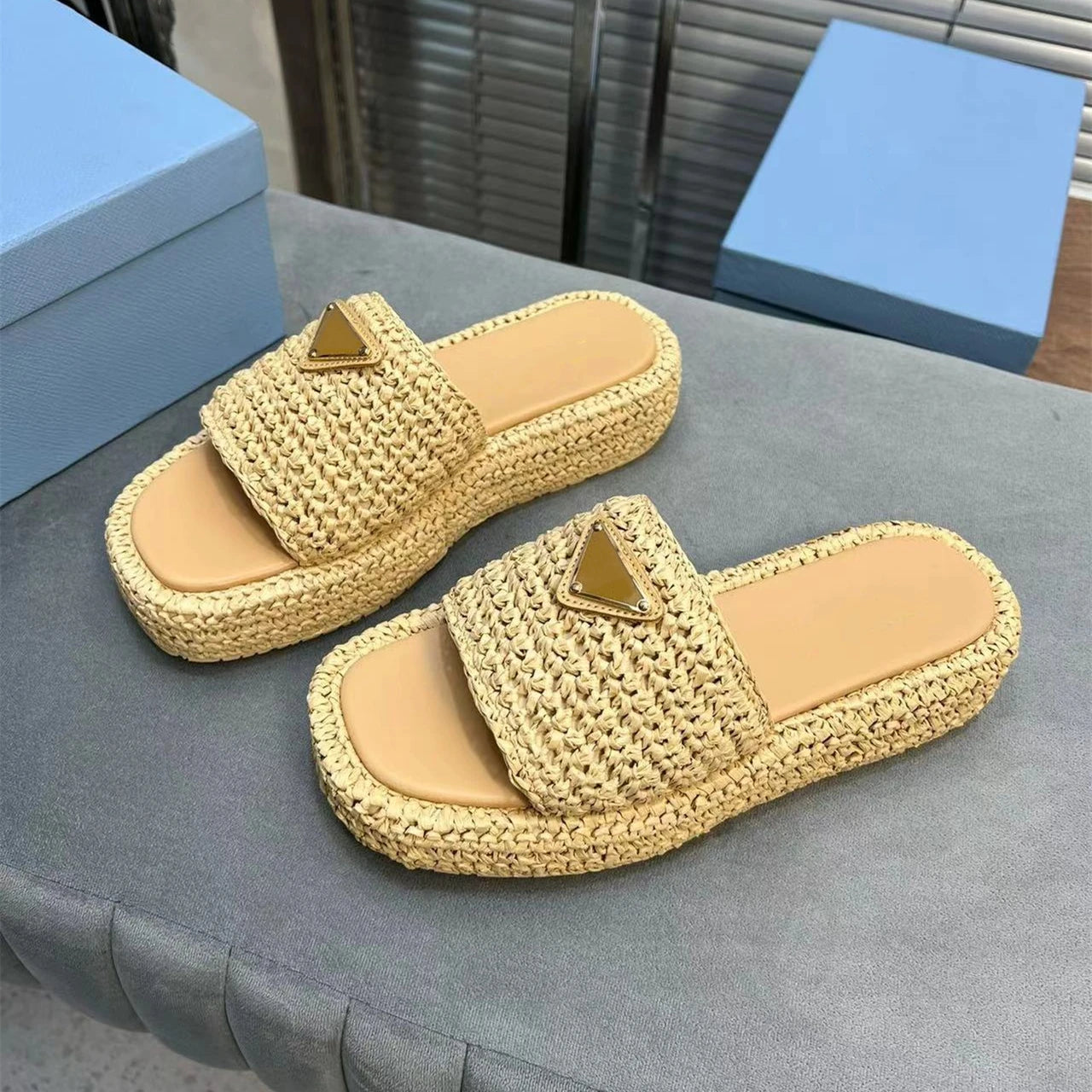 2025 New Top Women's Thick Bottom Slipper Sandals Flat Platform Rattan Square Head Casual Comfortable Shoes Solid Color